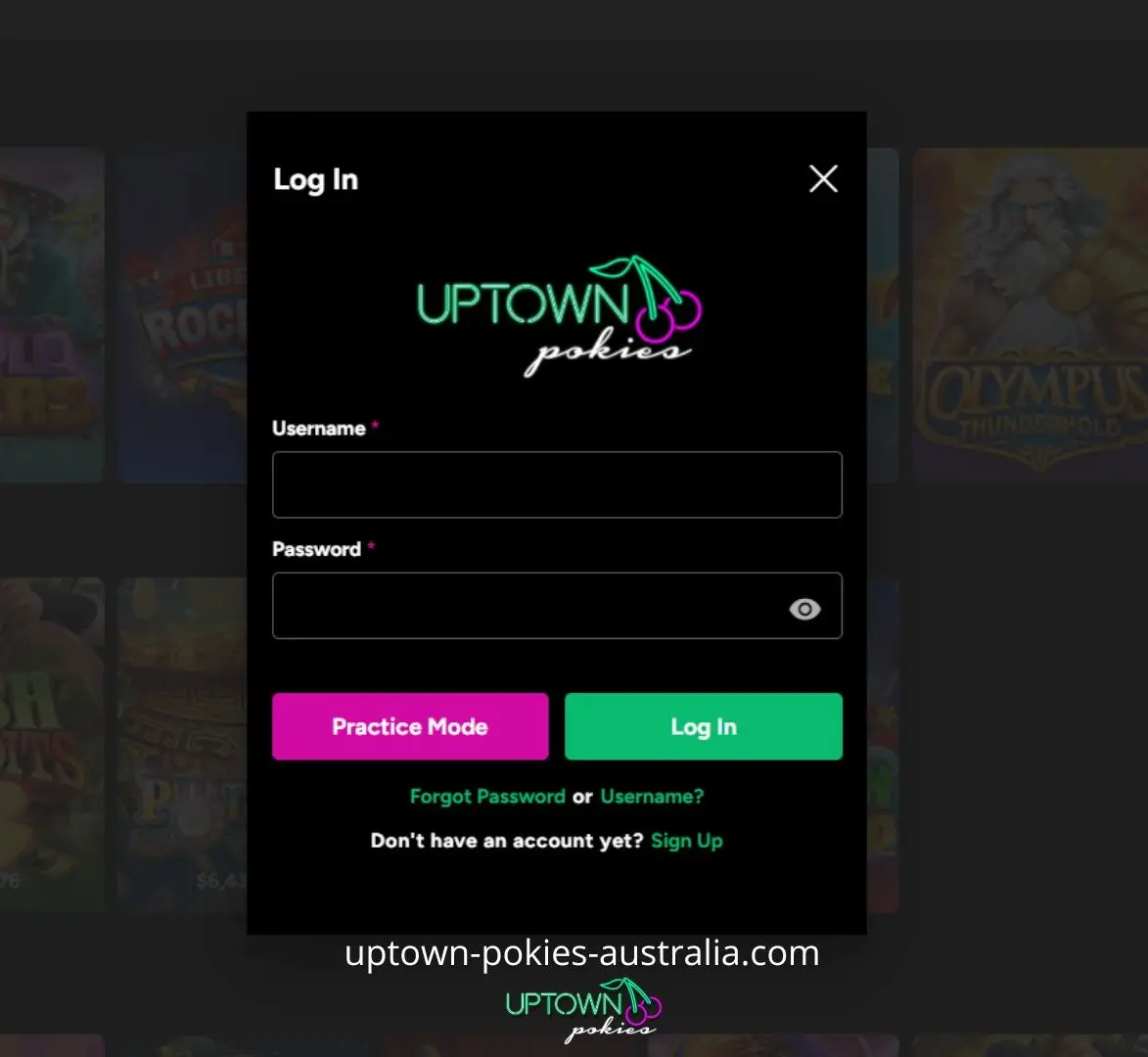 Uptown Pokies Casino login screen