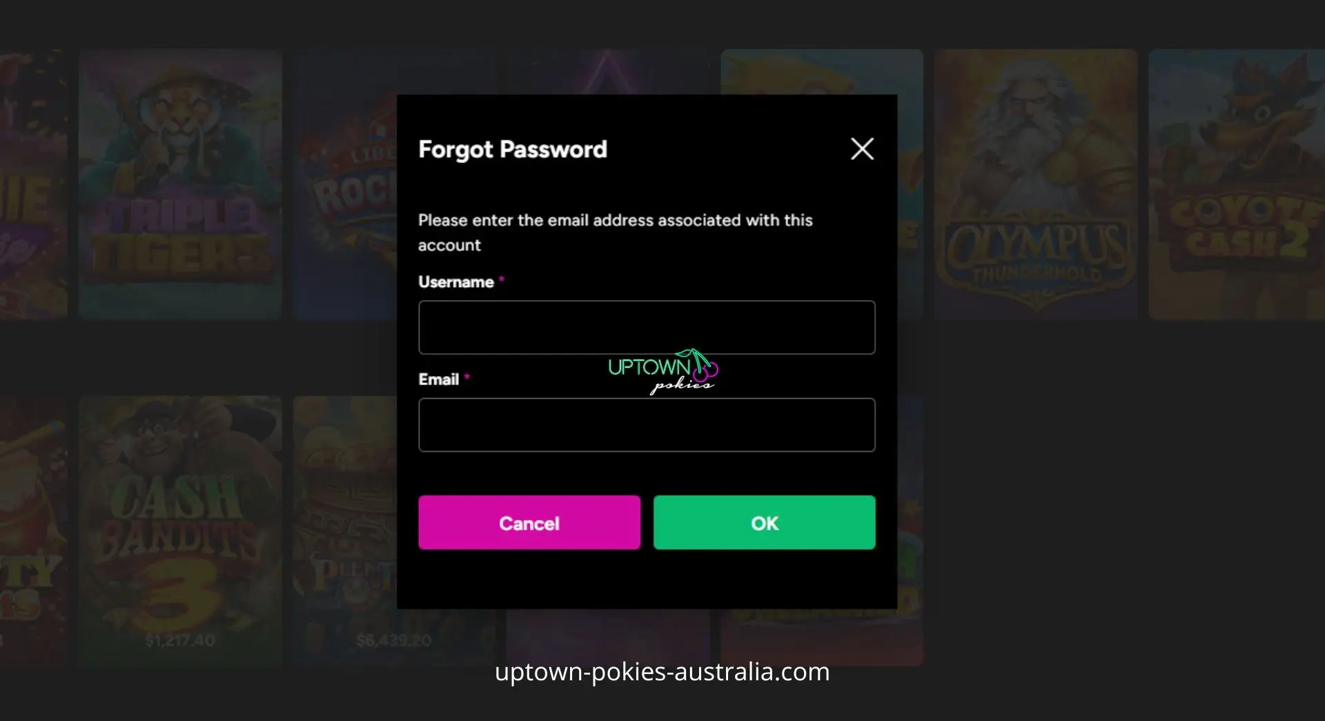 Uptown Pokies forgot password recovery screen