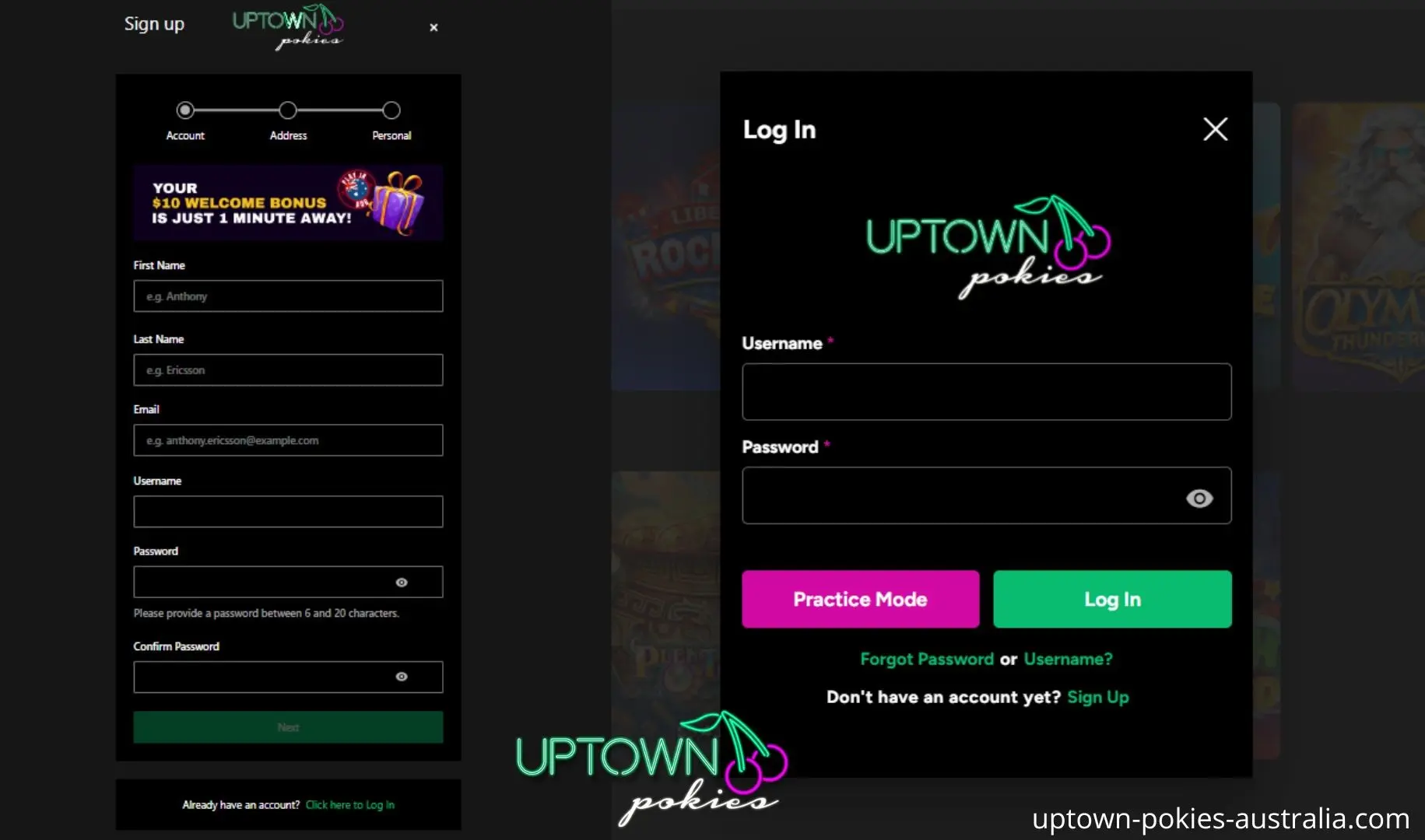 Uptown Pokies login page on desktop and mobile devices